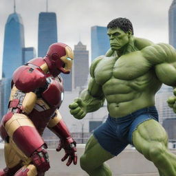 An intense duel between a powerful, green-skinned Hulk and a technologically advanced Iron Man in a vivid metropolitan backdrop