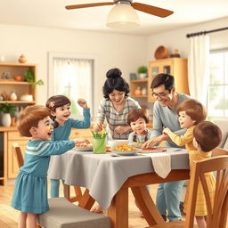 A heartwarming family scene in a cozy kitchen or living room depicting children actively helping their parents with household chores