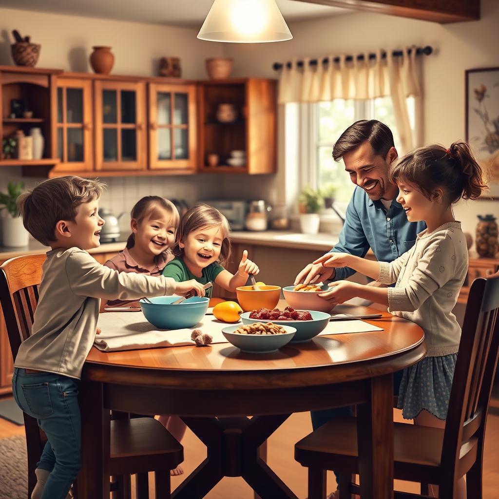 A heartwarming family scene in a cozy kitchen or living room depicting children actively helping their parents with household chores