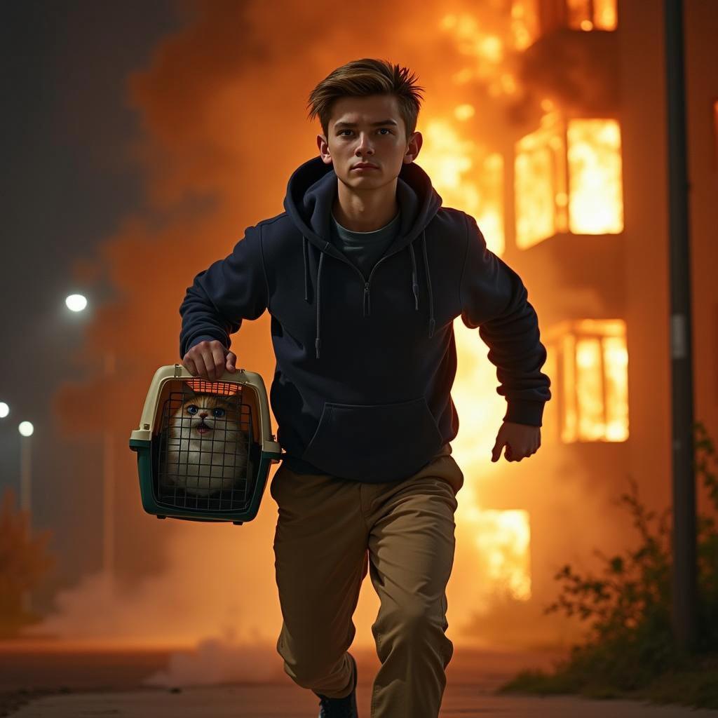 A man with short brown hair, wearing sand-colored chinos and a navy blue hoodie, dashes from a burning apartment building at night