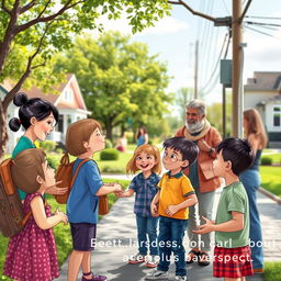 A neighborhood scene set in a pleasant park or street, highlighting courteous interactions between children and their neighbors