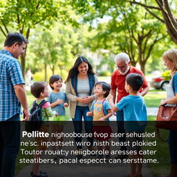 A neighborhood scene set in a pleasant park or street, highlighting courteous interactions between children and their neighbors