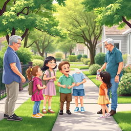 A neighborhood scene set in a pleasant park or street, highlighting courteous interactions between children and their neighbors