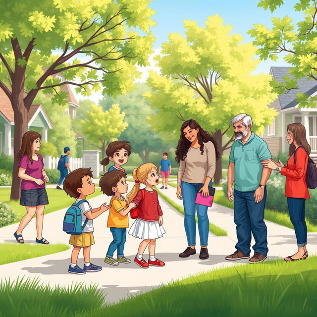 A neighborhood scene set in a pleasant park or street, highlighting courteous interactions between children and their neighbors