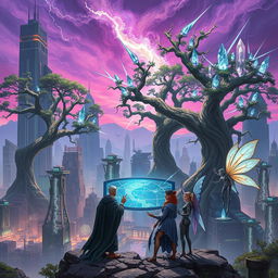 Fantasy world where magic and technology coexist, featuring a bustling cityscape with towering skyscrapers intertwined with gigantic trees whose branches hold magical crystals