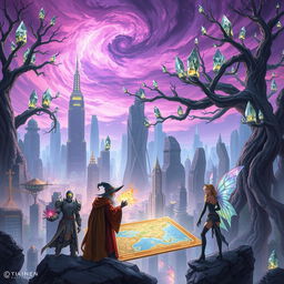 Fantasy world where magic and technology coexist, featuring a bustling cityscape with towering skyscrapers intertwined with gigantic trees whose branches hold magical crystals