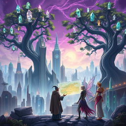 Fantasy world where magic and technology coexist, featuring a bustling cityscape with towering skyscrapers intertwined with gigantic trees whose branches hold magical crystals