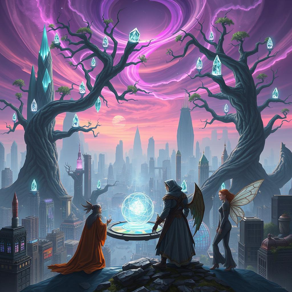 Fantasy world where magic and technology coexist, featuring a bustling cityscape with towering skyscrapers intertwined with gigantic trees whose branches hold magical crystals