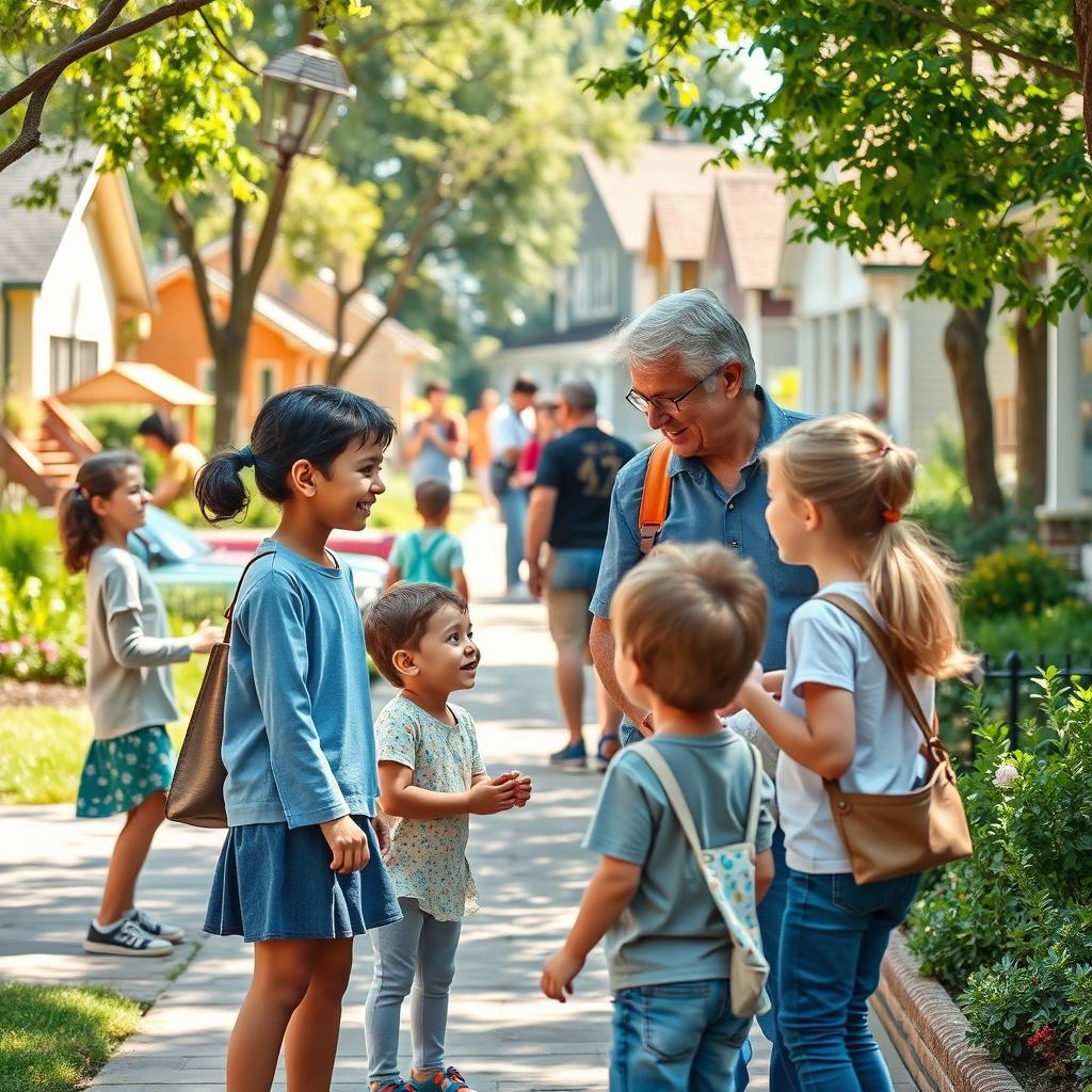 A neighborhood scene set in a lively park or a friendly street, highlighting courteous and friendly interactions between children and their neighbors