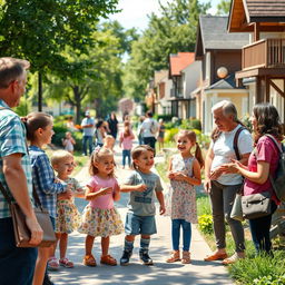 A neighborhood scene set in a lively park or a friendly street, highlighting courteous and friendly interactions between children and their neighbors