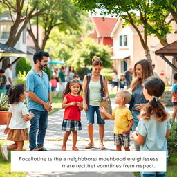 A neighborhood scene set in a lively park or a friendly street, highlighting courteous and friendly interactions between children and their neighbors