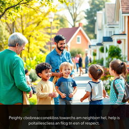 A neighborhood scene set in a lively park or a friendly street, highlighting courteous and friendly interactions between children and their neighbors