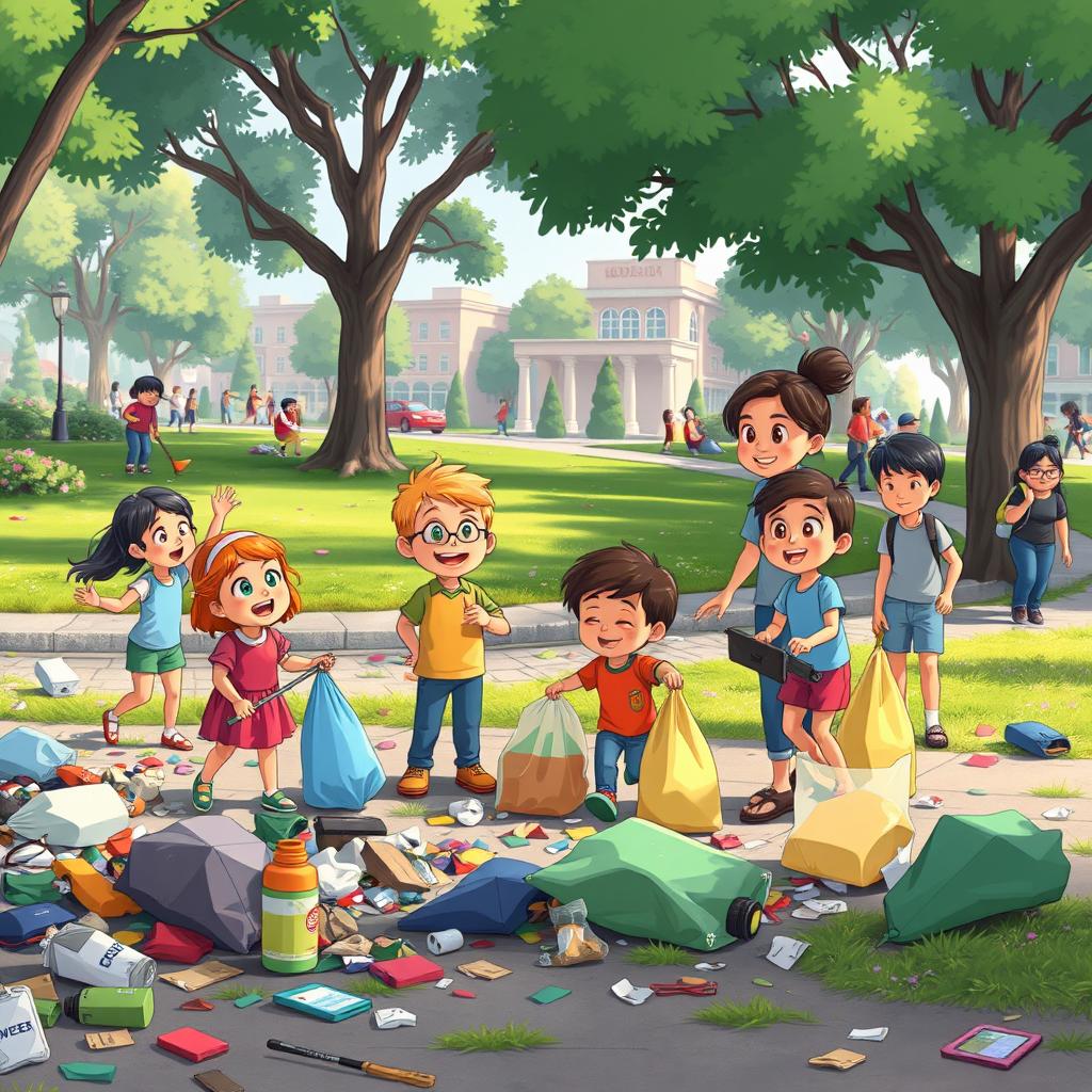 An animated scene depicting a community effort to clean up the environment, set in a park or street with visible litter