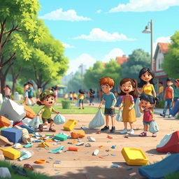 An animated scene depicting a community effort to clean up the environment, set in a park or street with visible litter