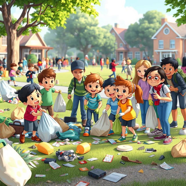 An animated scene depicting a community effort to clean up the environment, set in a park or street with visible litter