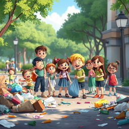 An animated scene depicting a community effort to clean up the environment, set in a park or street with visible litter