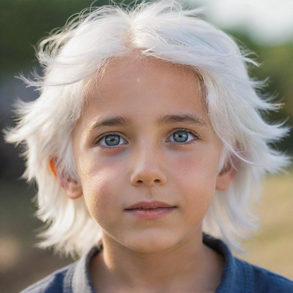 A young boy with radiant white hair, his bright eyes gleaming with curiosity as a gentle breeze rustles his hair.