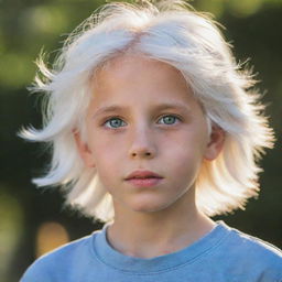 A young boy with radiant white hair, his bright eyes gleaming with curiosity as a gentle breeze rustles his hair.