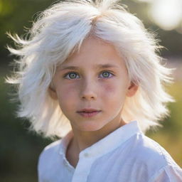 A young boy with radiant white hair, his bright eyes gleaming with curiosity as a gentle breeze rustles his hair.