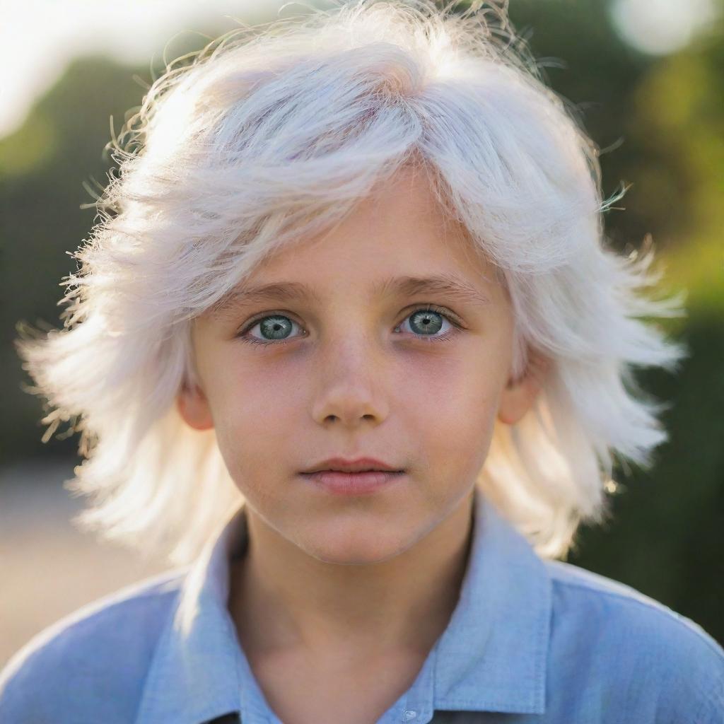 A young boy with radiant white hair, his bright eyes gleaming with curiosity as a gentle breeze rustles his hair.