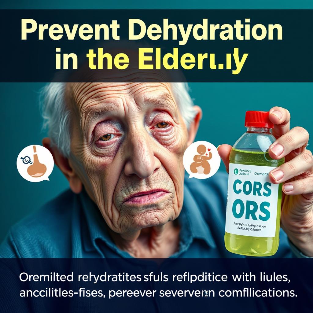 A hyper-realistic image illustrating how oral rehydration solutions help prevent dehydration in the elderly