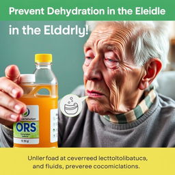 A hyper-realistic image illustrating how oral rehydration solutions help prevent dehydration in the elderly