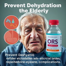 A hyper-realistic image illustrating how oral rehydration solutions help prevent dehydration in the elderly