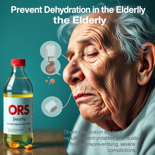 A hyper-realistic image illustrating how oral rehydration solutions help prevent dehydration in the elderly