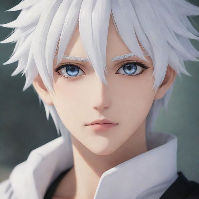 A white-haired anime boy with captivating eyes and a serene expression.