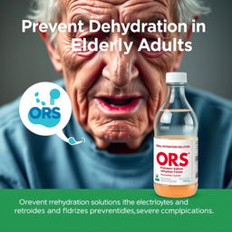 A hyper-realistic image illustrating how oral rehydration solutions prevent dehydration in the elderly