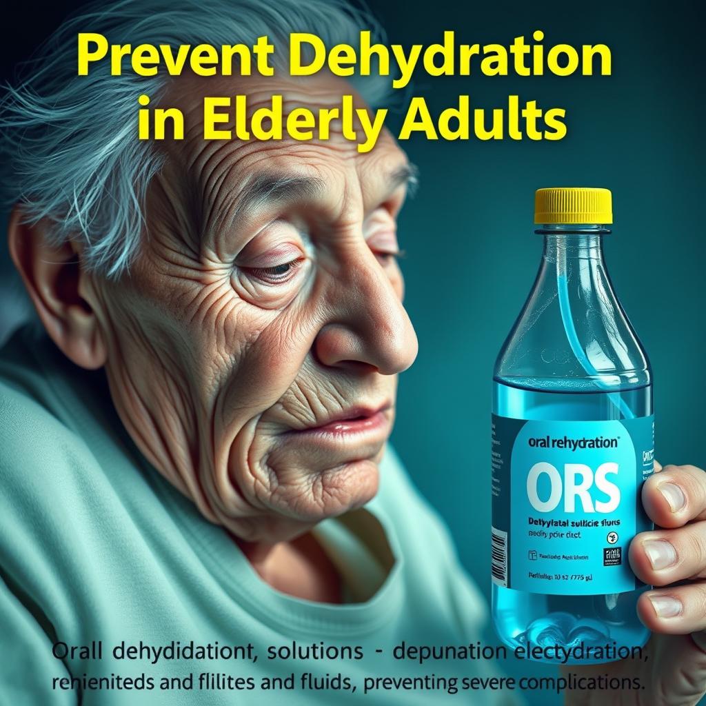 A hyper-realistic image illustrating how oral rehydration solutions prevent dehydration in the elderly