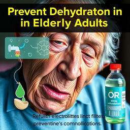 A hyper-realistic image illustrating how oral rehydration solutions prevent dehydration in the elderly