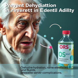 A hyper-realistic image illustrating how oral rehydration solutions prevent dehydration in the elderly