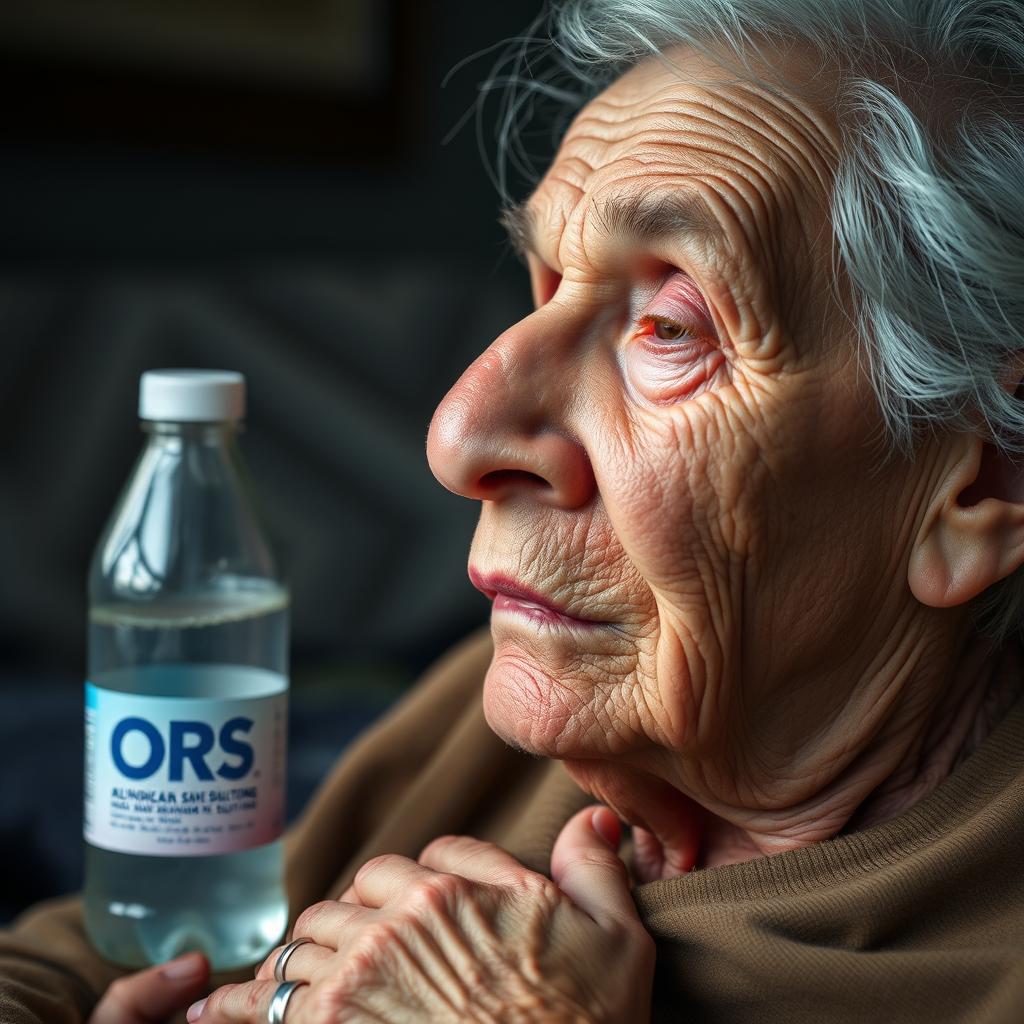 A hyper-realistic image illustrating how oral rehydration solutions help prevent dehydration in elderly adults