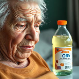 A hyper-realistic image illustrating how oral rehydration solutions help prevent dehydration in elderly adults