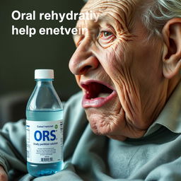 A hyper-realistic image illustrating how oral rehydration solutions help prevent dehydration in elderly adults