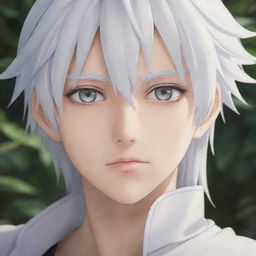 A white-haired anime boy with captivating eyes and a serene expression.