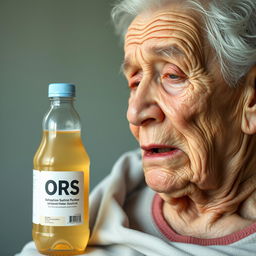 A hyper-realistic image illustrating how oral rehydration solutions help prevent dehydration in elderly adults