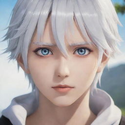 A white-haired anime boy with captivating eyes and a serene expression.