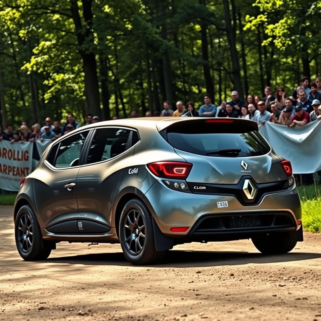 A Renault Clio Super 1600 rally car in metallic gray color, showcasing its sleek and aerodynamic design