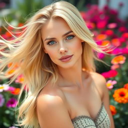 Beautiful blonde woman with flowing hair, striking a confident pose