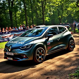 A Renault Clio Super 1600 rally car in metallic gray color, showcasing its sleek and aerodynamic design