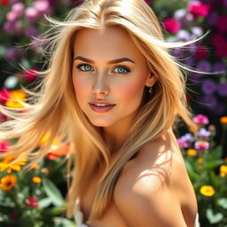 Beautiful blonde woman with flowing hair, striking a confident pose