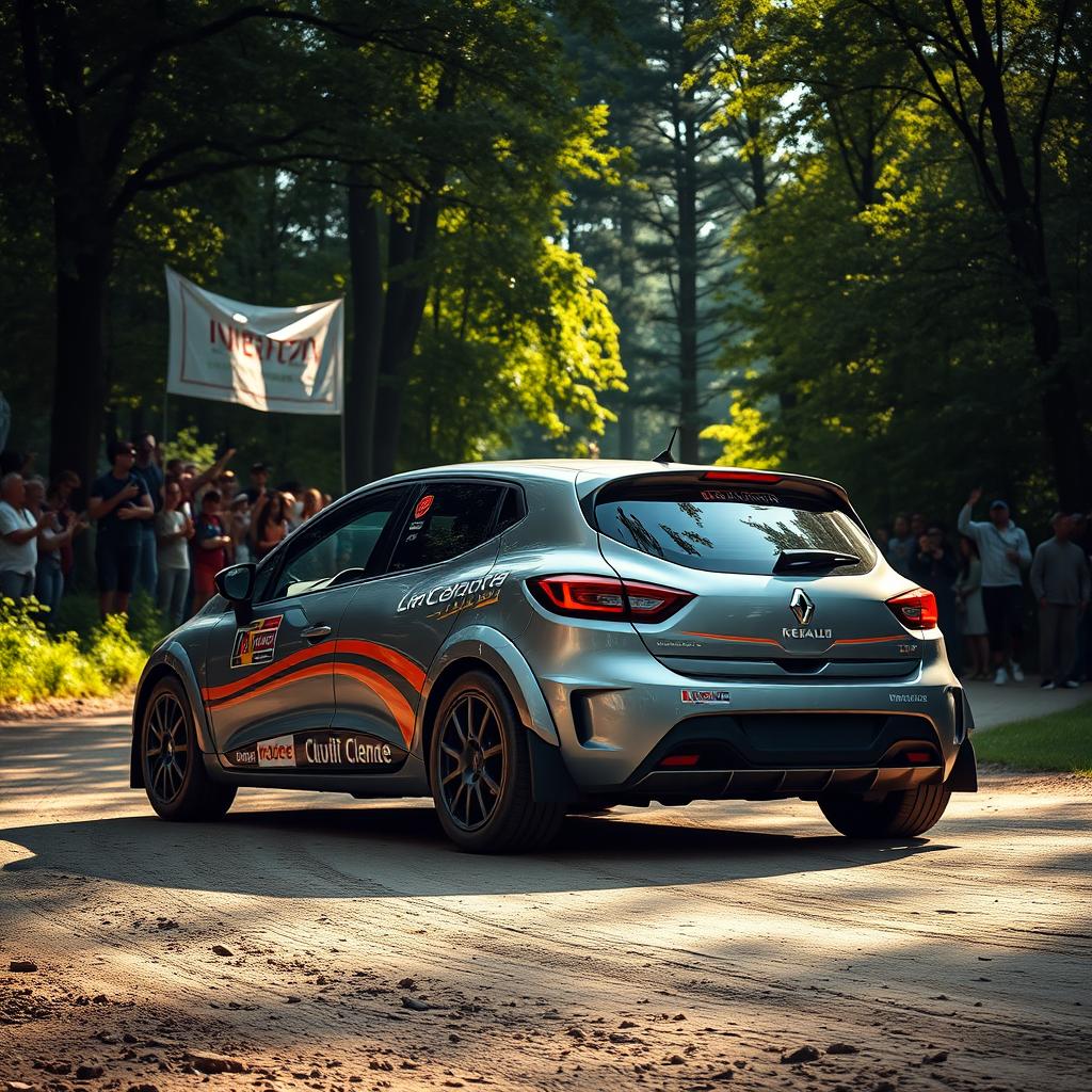 A Renault Clio Super 1600 rally car in metallic gray color, showcasing its sleek and aerodynamic design