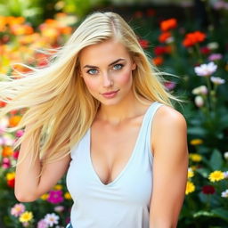 Beautiful blonde woman with flowing hair, striking a confident pose