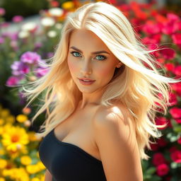 Beautiful blonde woman with flowing hair, striking a confident pose