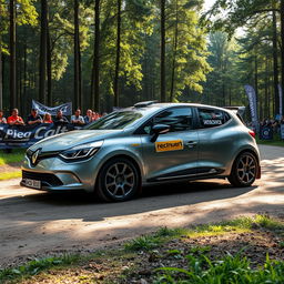 A Renault Clio Super 1600 rally car in metallic gray color, showcasing its sleek and aerodynamic design