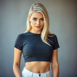 A blonde woman posing confidently in a stylish crop top, showcasing a casual yet chic fashion look