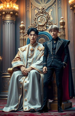 A dramatic and visually captivating scene featuring two characters, inspired by BTS's Taehyung (V) and Jungkook, in a royal setting