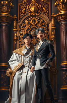 A dramatic and visually captivating scene featuring two characters, inspired by BTS's Taehyung (V) and Jungkook, in a royal setting